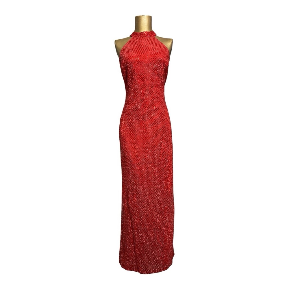D B Y  Ltd Women's Red Sequined Halter Split Hem Lined Evening Dress Gown Size 9